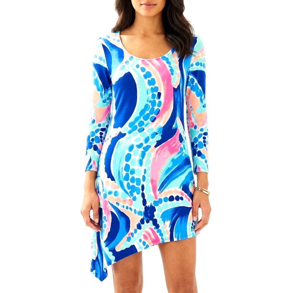 LILLY PULITZER Dress Long Sleeve Ariana Blue Ocean Pink Star Women XS ExtraSmall